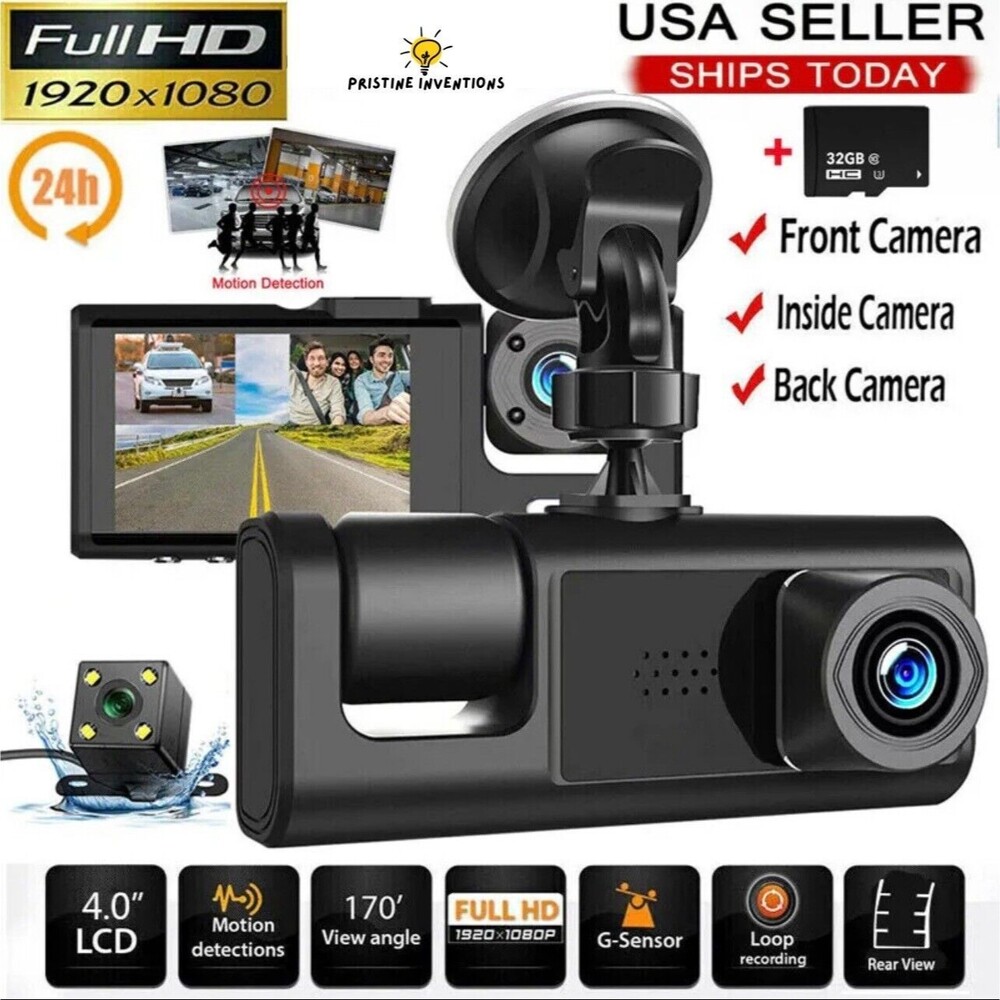 Dual Lens Dash Cam Front/Rear/Inside Video Recorder Camera G-sensor & 32gb SSD